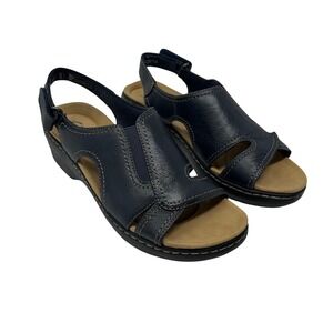 Clarks Collection Navy Blue Leather Slingback Wedge Sandals Womens 7.5 M